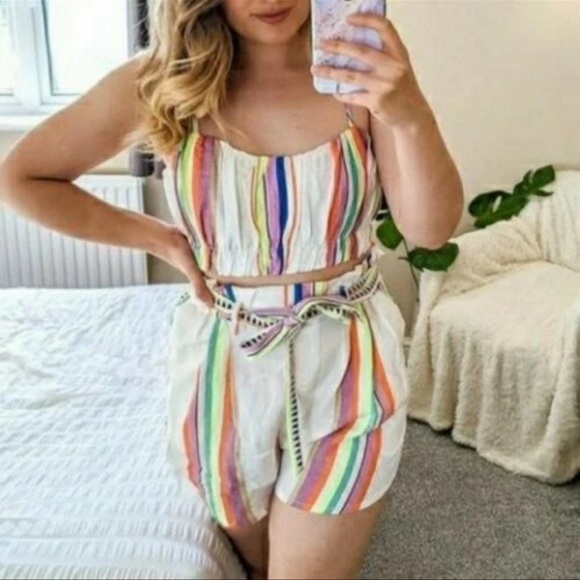 H&M x LemLem boho Crop Top Multi Color Stripe set Bra Ruched and Shorts Size Med - Picture 2 of 7